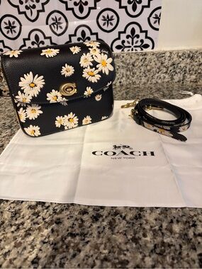 Coach Black Leather Daisy Print Crossbody Bag